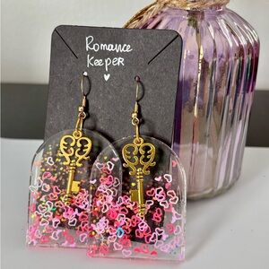 Romance Keeper Handmade Pink Heart Resin Earrings with Vintage Gold Key Jewelry